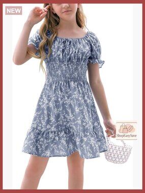 Girls' Summer Floral Dress Puff Sleeve Square Neck Smocked Flowy Sun Dress